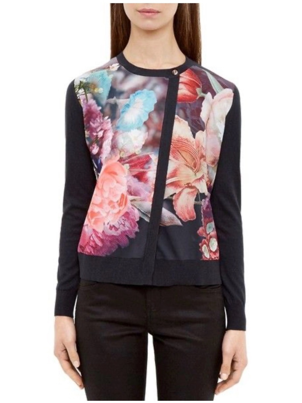 Ted Baker Navy Floral Print Front Panel cotton silk + blend Cardigan